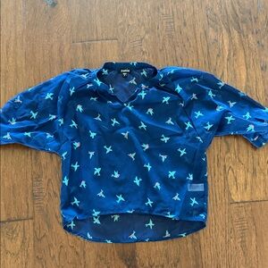 Zunie Navy Blouse with Turquoise & Pink Bird Motif